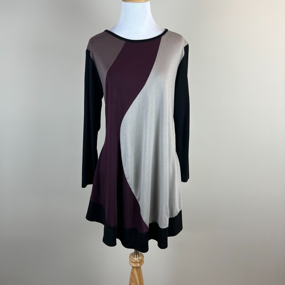 Damee Tunic Top Womens One Size Black Purple Colorblock Stretch Knit Long Sleeve
